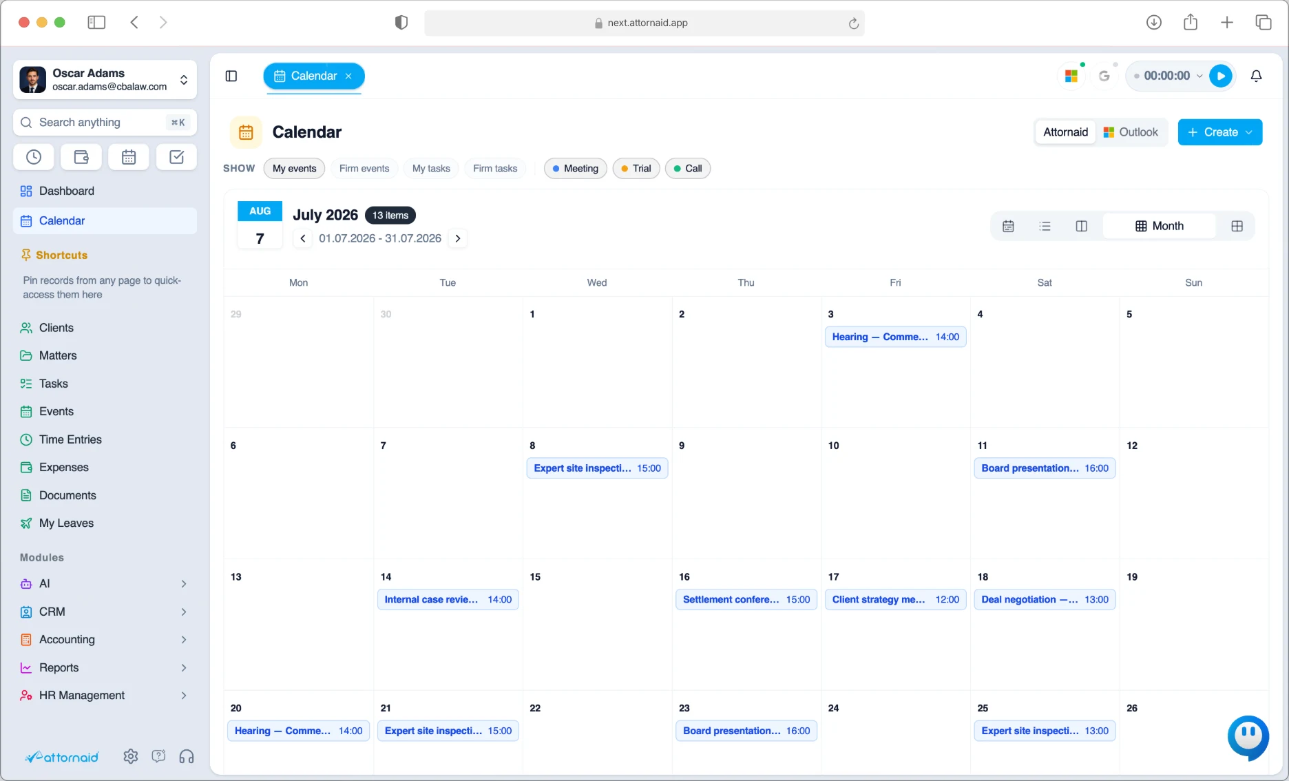 Calendar month view in Attornaid