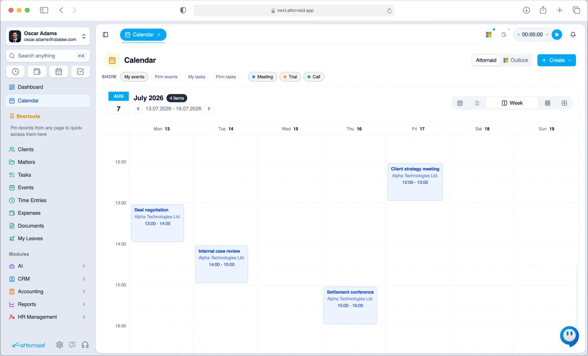 Events calendar week view in Attornaid