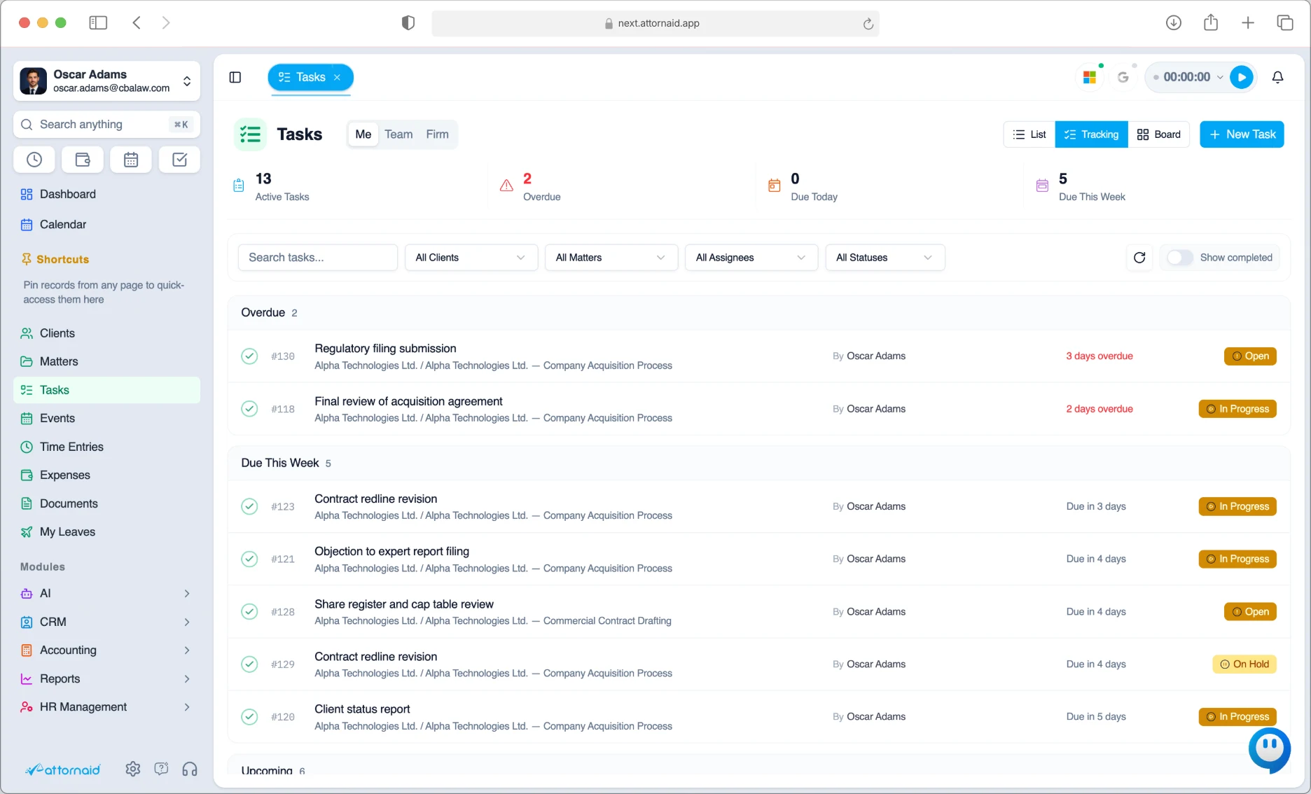 Task tracking list in Attornaid