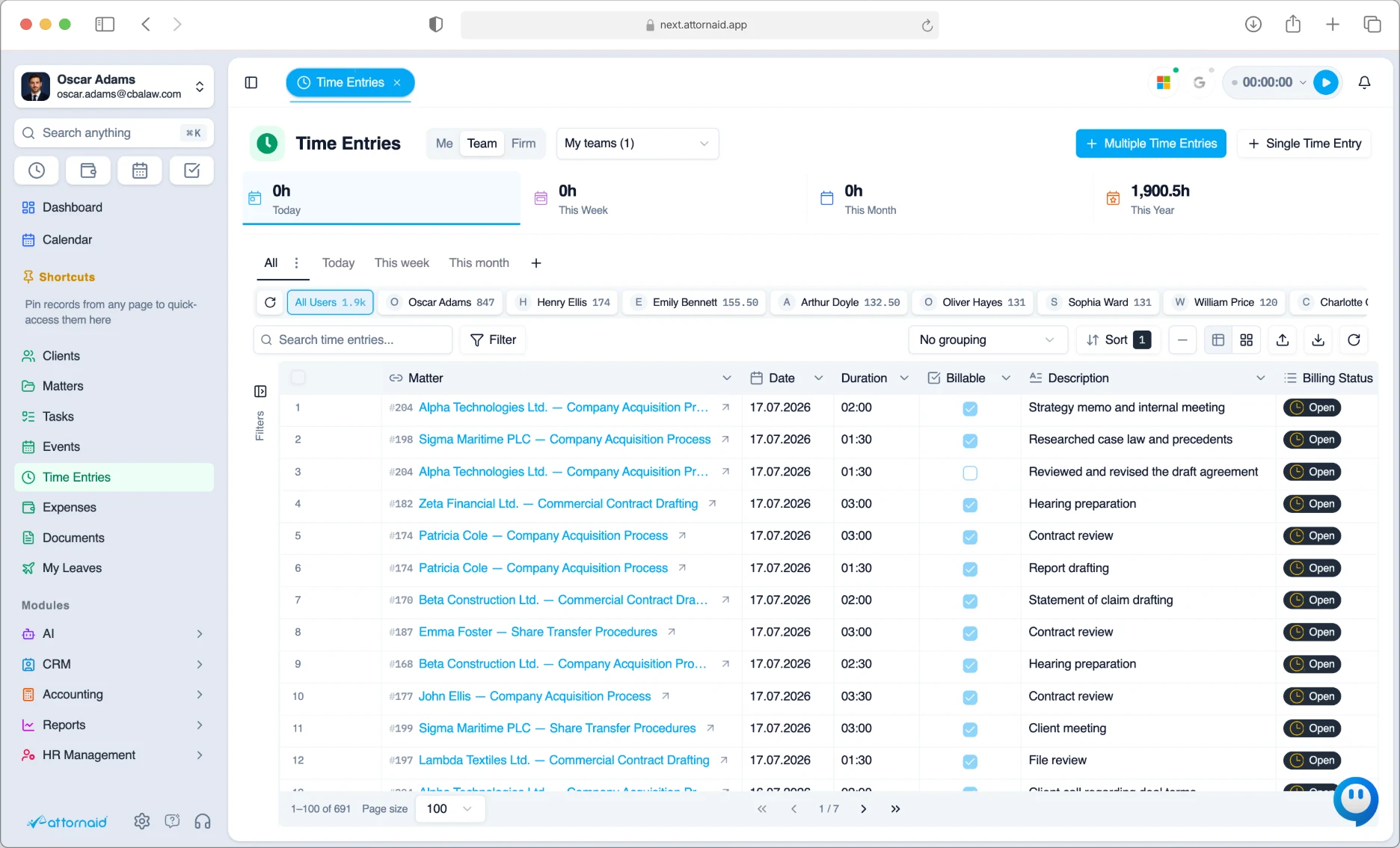 Time Entries list in Attornaid