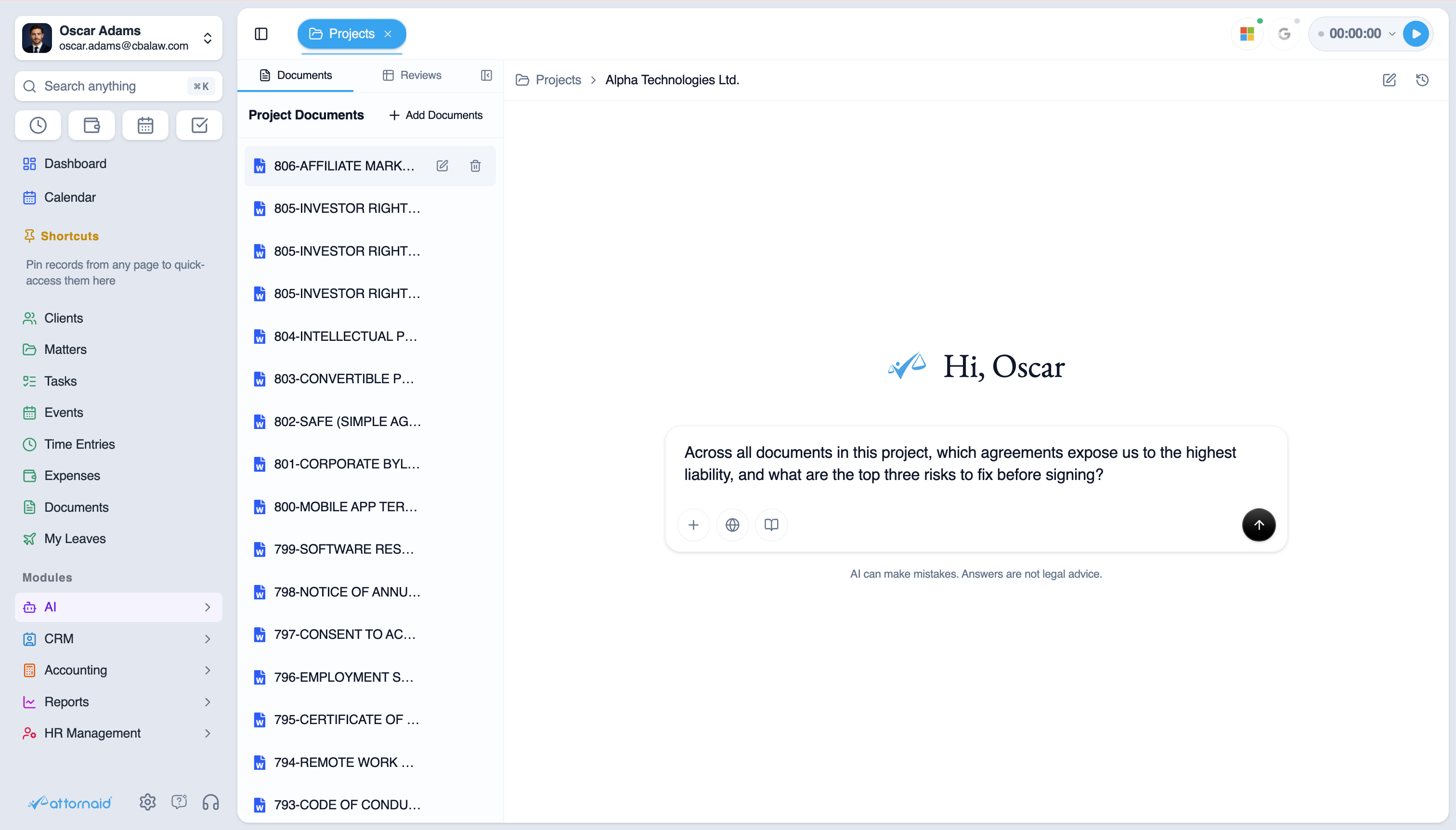 Attornaid AI Workspace showing a legal project's document list next to an AI assistant conversation asking which agreements carry the highest liability risk and what to fix before signing.