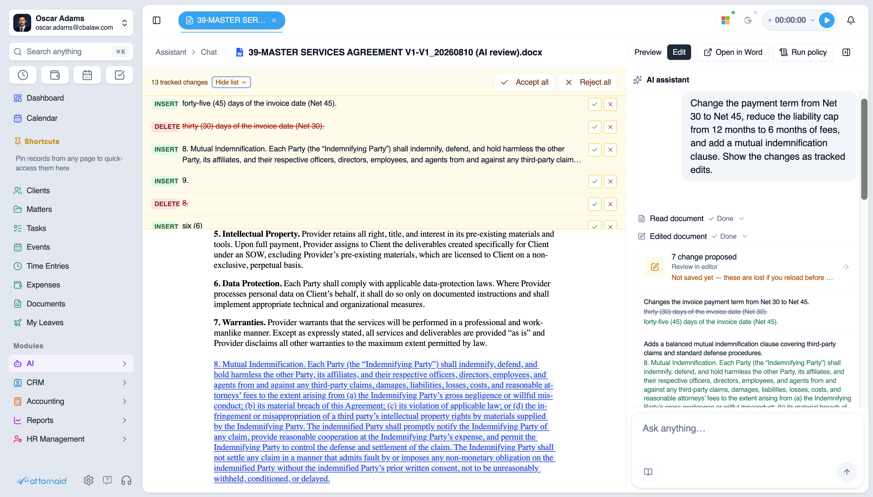 Attornaid AI Workspace showing a master services agreement with AI-proposed tracked changes next to the AI assistant conversation panel.
