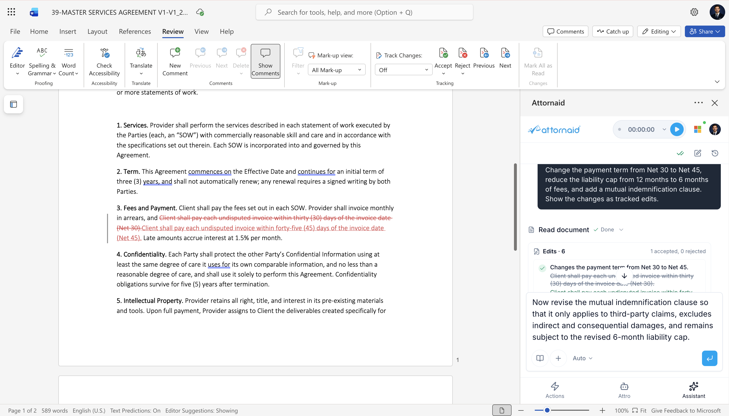 Microsoft Word with the Attornaid Assistant panel proposing edits to a master services agreement as tracked changes.