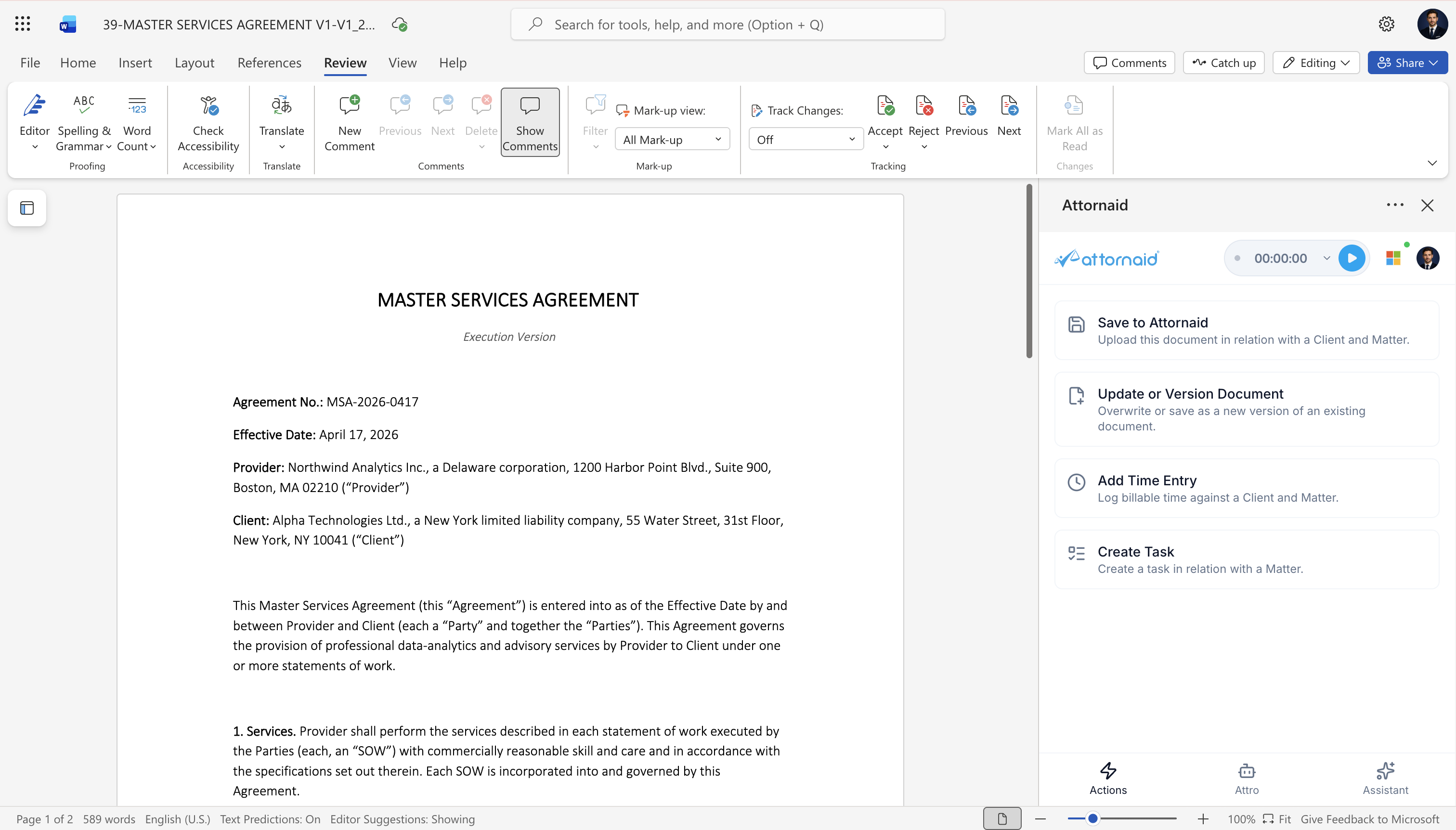 Microsoft Word with the Attornaid task pane open, listing actions to save the document to Attornaid, update or version it, add a time entry and create a task.