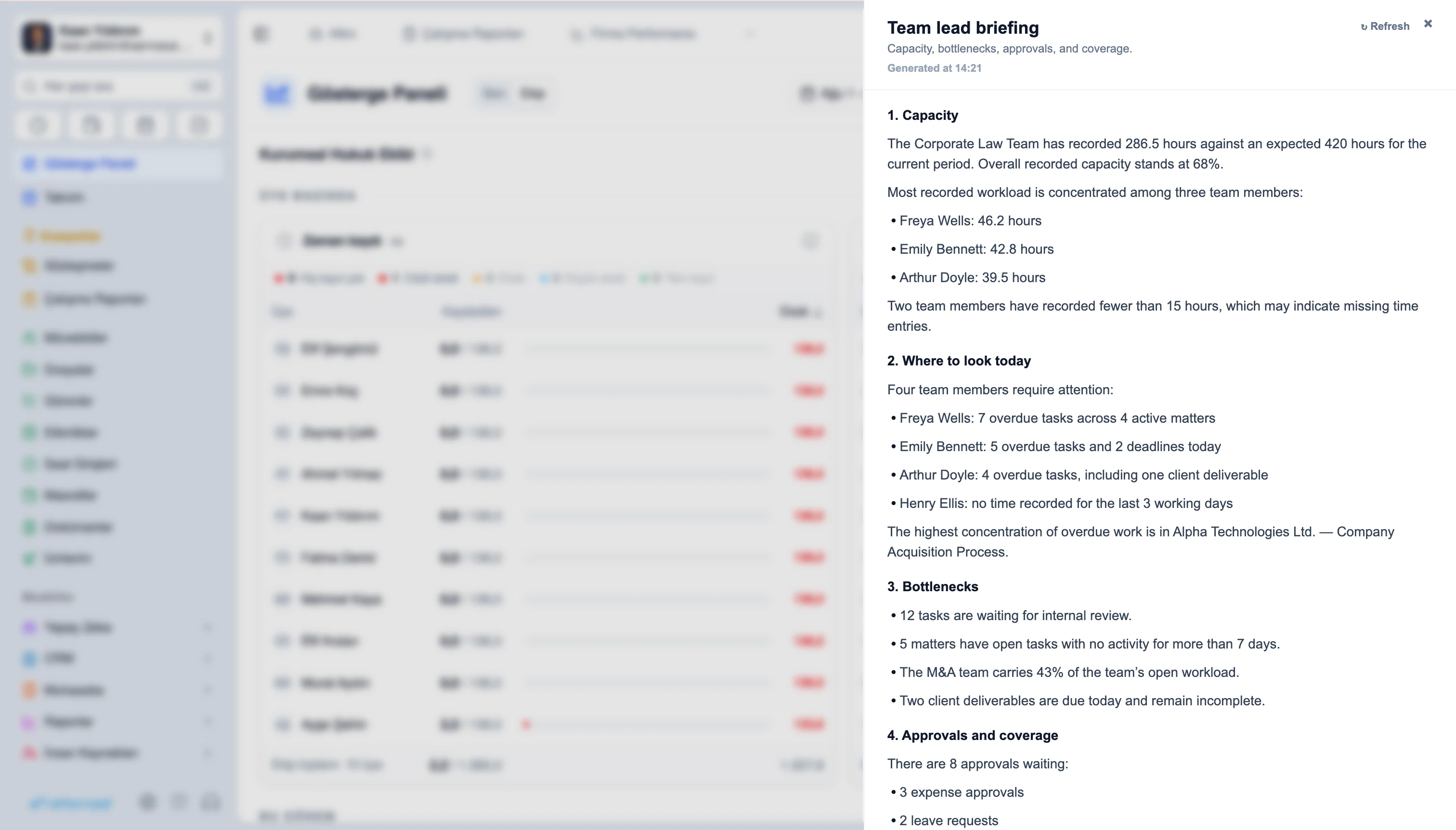 English team daily briefing screenshot in Attro.