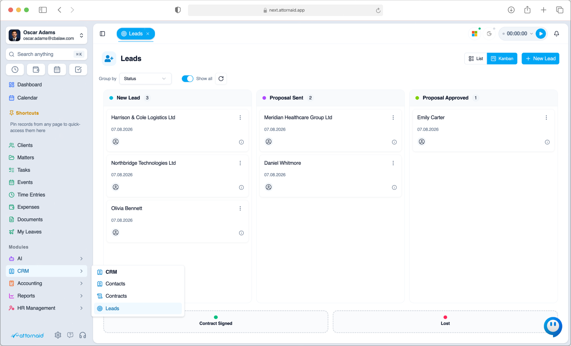 Attornaid CRM leads kanban view