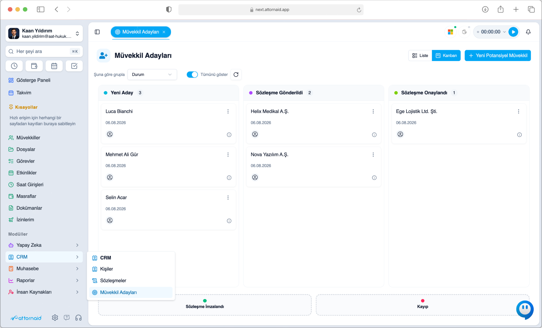Attornaid CRM müvekkil adayları kanban görünümü