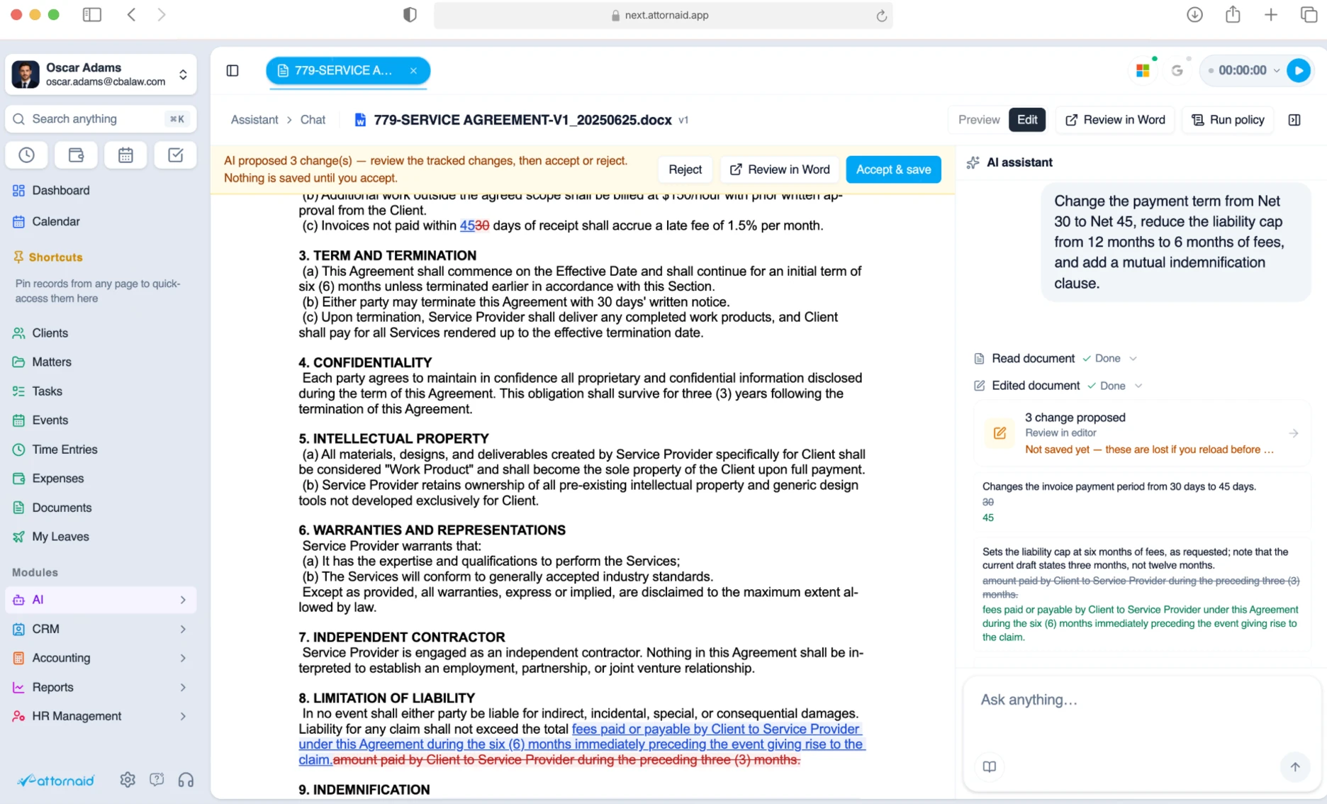 Attornaid AI document assistant editing a document