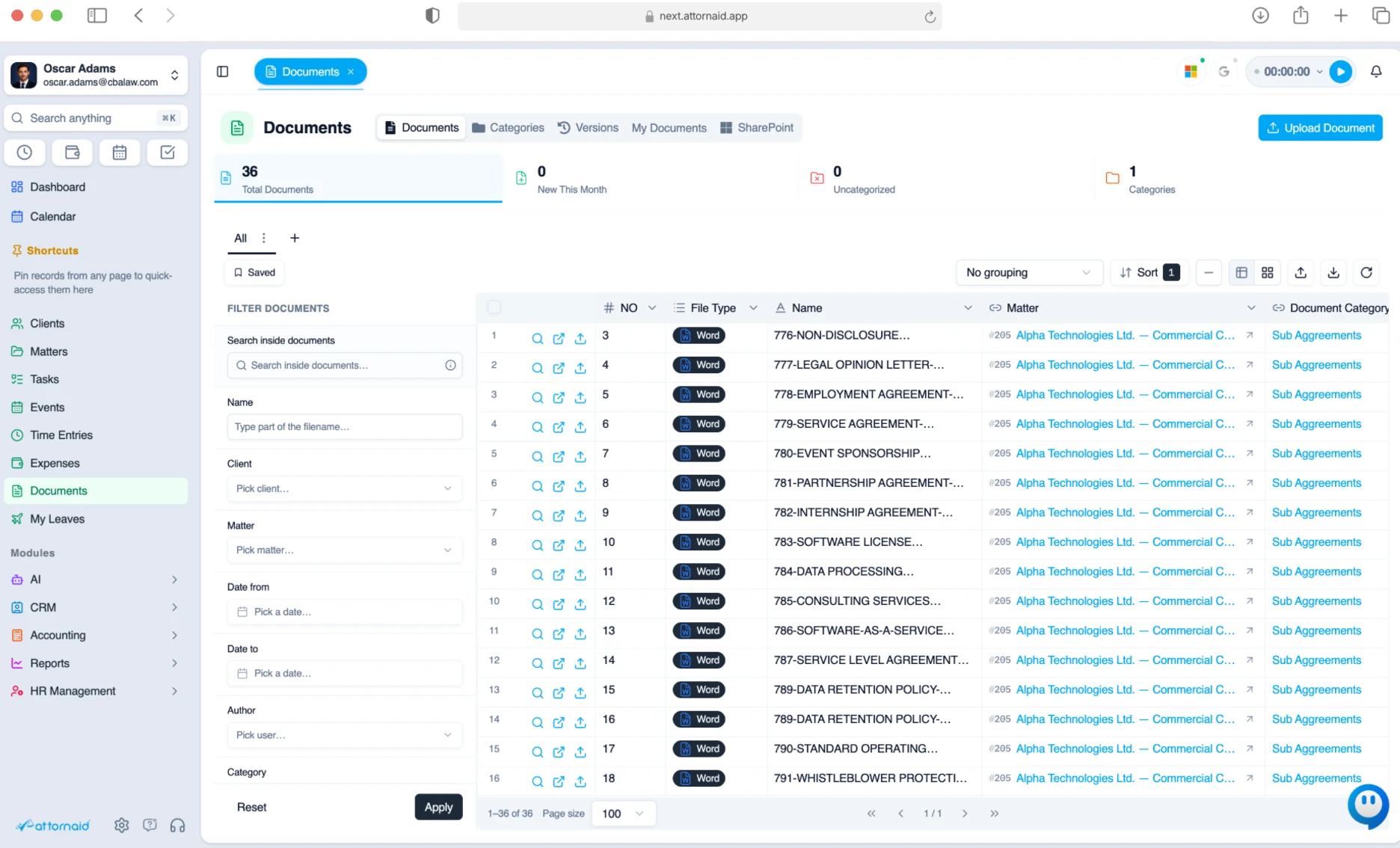 Attornaid Documents list view