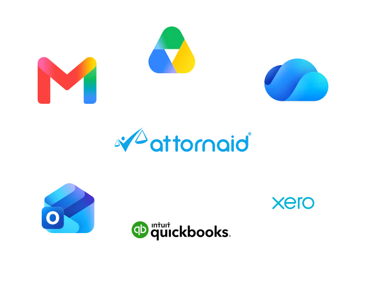 Attornaid integrations with Gmail, Google Drive, OneDrive, Outlook, QuickBooks, and Xero